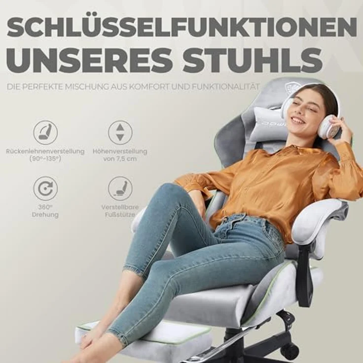 Dowinx Gaming Stuhl Bürostuhl Stoff Tasche Frühling Kissen, Massage Gamer Stuhl Stoff mit Kopfstütze, Ergonomische Bürostuhl mit Fußstütze (Schwarz und Grün) – Bild 8