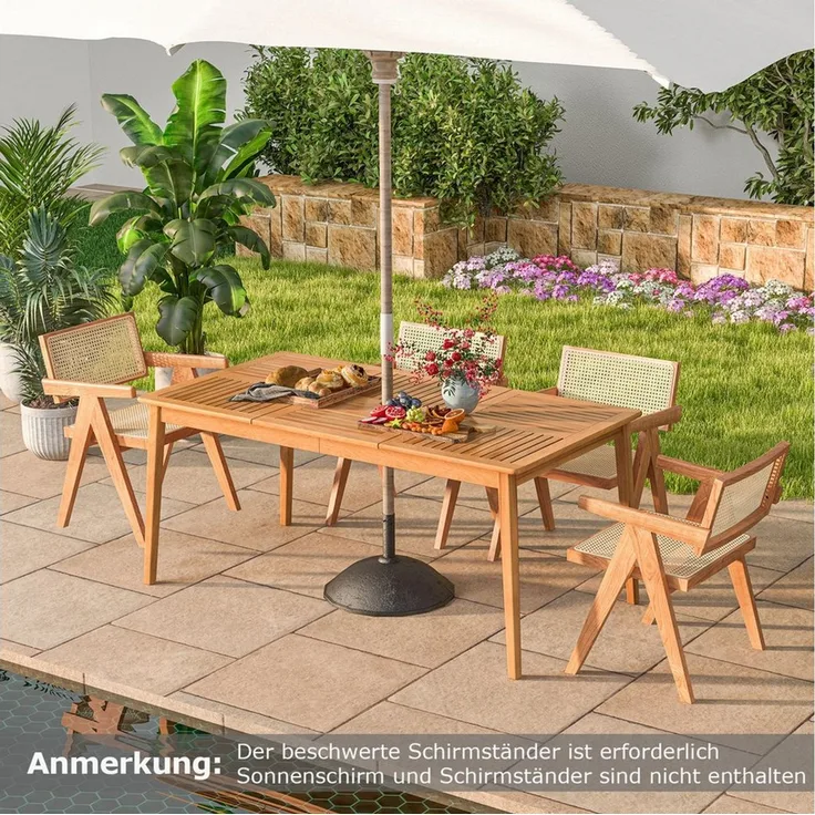COSTWAY Gartentisch, mit Schirmloch, Akazienholz, 170x90cm, 6 Personen rechteckig