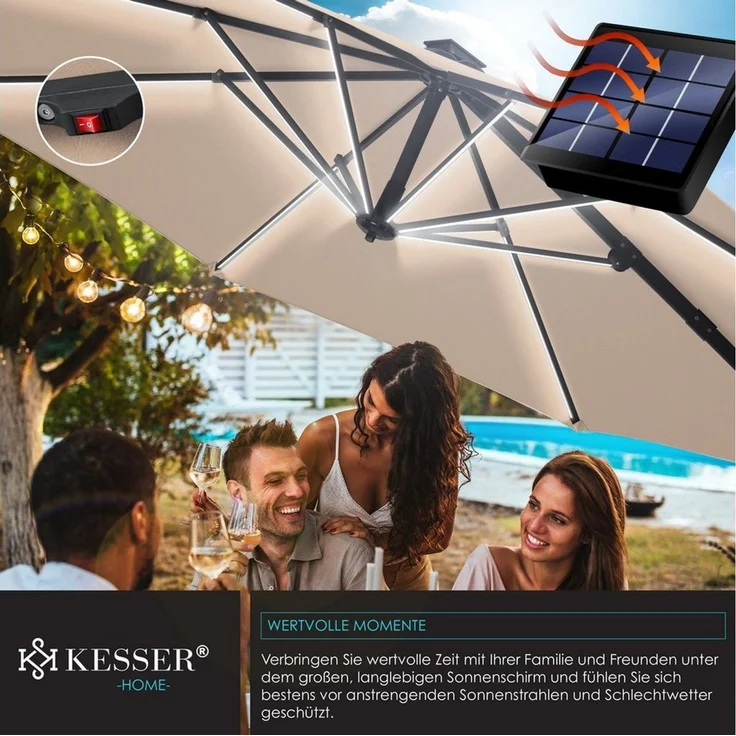 KESSER® Sonnenschirm Ampelschirm SUN Rund XL Ø330 cm Inkl. Windschtzseile & Abdeckung 7-Fach Verstellbar Drehbar Neigbar Kippbar Groß 360° Drehbar Gartenschirm mit Kurbel Sonnenschutz UV50+ Taupe, Mit LED – Bild 3