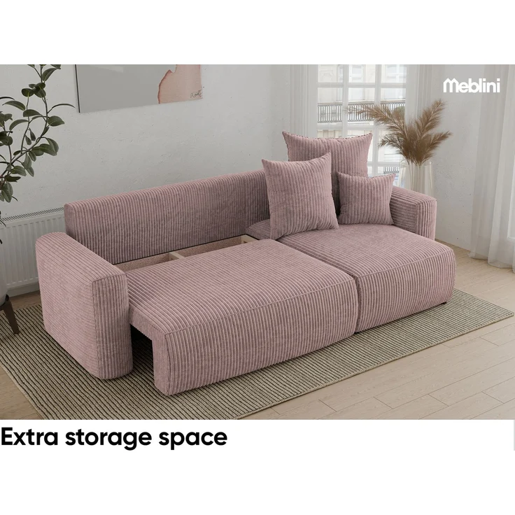 MEBLINI Schlafcouch mit Bettkasten - 238x142x73cm - Altrosa Cordstoff - DAVE - Kleines Ecksofa mit Schlaffunktion - Sofa mit Relaxfunktion und Kissen - Kleine Couch L-Form - Eckcouch – Bild 4