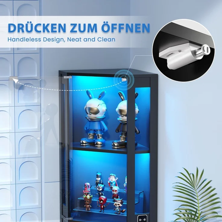 Eckvitrine 165x56x37 cm, 4-stöckiger Glasvitrinenschrank mit LED-Beleuchtung, griffloses Design, Schwarz – Bild 7