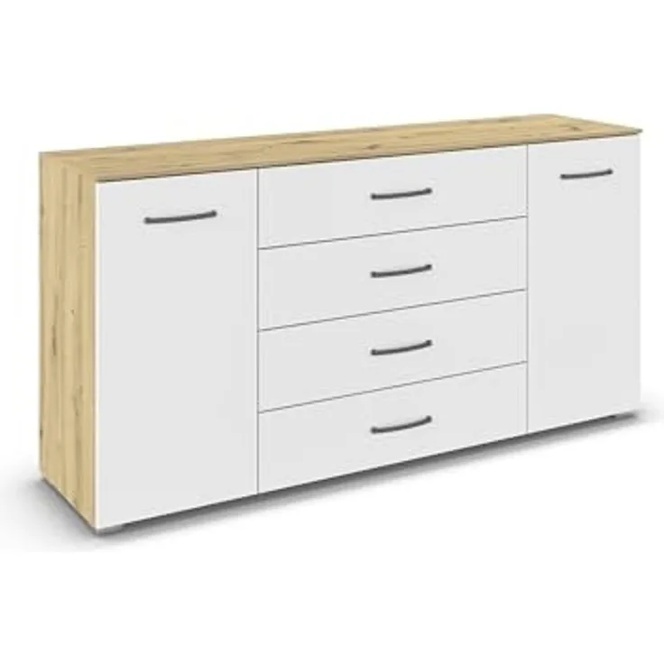 rauch Aditio Box, Kommode, 2-türig, 4 Schubladen, mit Softclose-Funktion, Farbe Weiß/Eiche Artisan, BxHxT 160x81x43cm