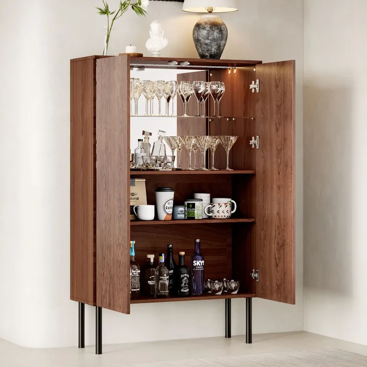 Vitrine B 80 x T 35 x H 145 cm aus MDF in Braun mit LED-Beleuchtung und Rillenfront