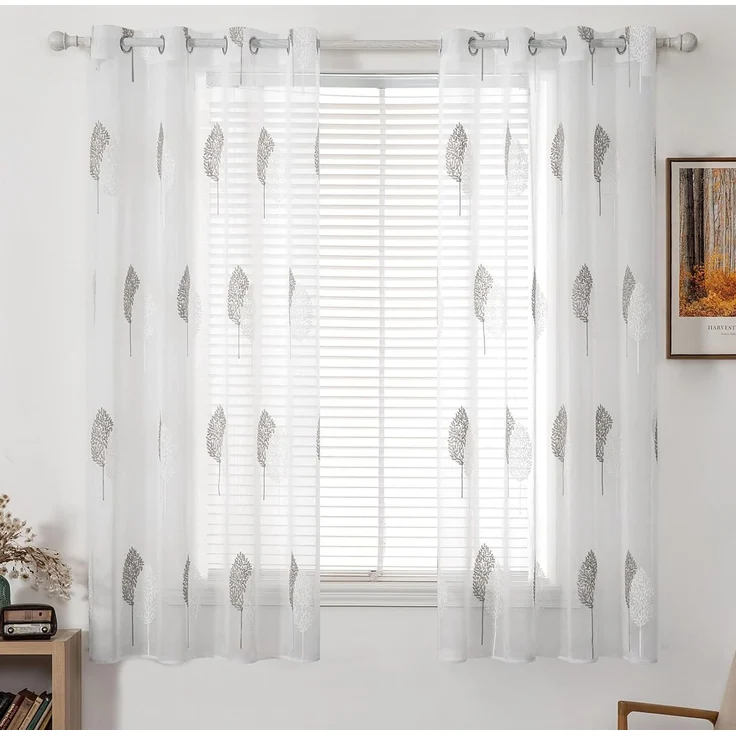MIULEE Gardinen mit Grau und Weiss Blätter Muster 2er Set 140x175cm | Modern Stickerei Wohnzimmer Vorhänge Transparent mit ösen für Schlafzimmer Deko, Schöne Blätter Muster Vorhang Fenster