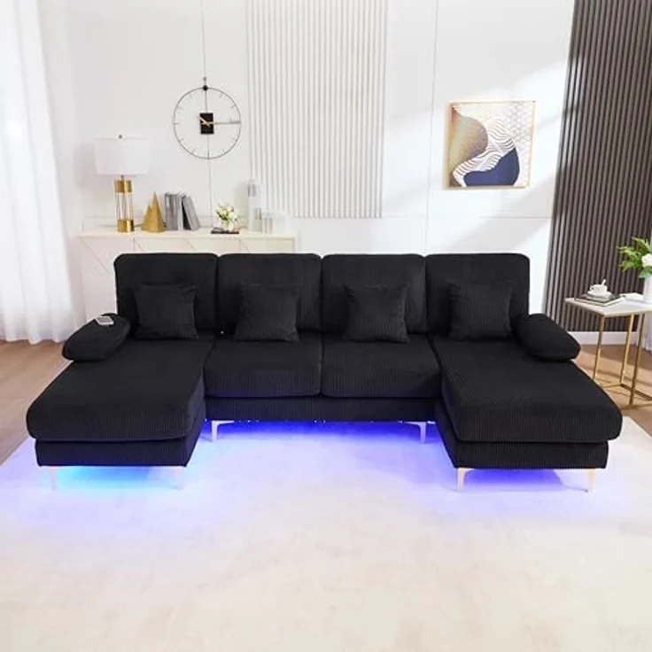 Ball & Cast U-förmiges Couch mit Schlaffunktion, Samt Sofa mit Lichtleiste und USB-Anschlüssen für das Wohnzimmer Wohnung Villa, 265 x 88 x 135 (BxHxT), Schwarz – Bild 4