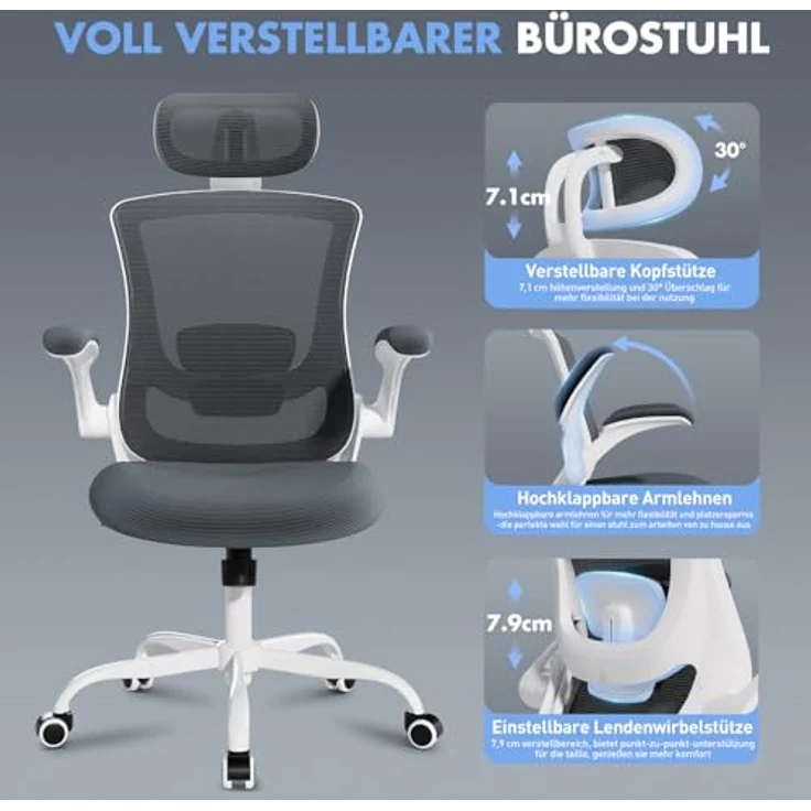 COLAMY Bürostuhl Ergonomisch, Netz-Schreibtischstuhl mit Verstellbarer Kopfstütze, Chefsessel Office Chair mit Lendenwirbelstütze, Verstellbarer Neigungsverschluss Drehstuhl, Grau – Bild 6