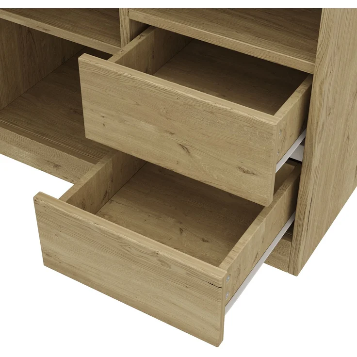 Flieks L-förmiger Schreibtisch 152x113.5x76 cm, Bürotisch mit 2 Schubladen, 3 offenen Regalen & 1 Schrank, Naturholzfarbe & Weiß – Bild 9