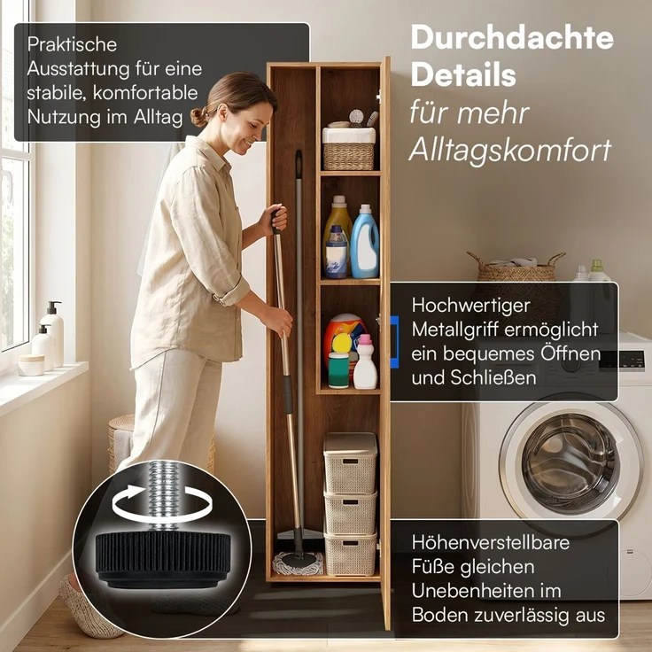 Bellamio 'Apol' Mehrzweckschrank schmal, Eichenoptik, 176x33x40 cm, Besenschrank mit Staubsaugerfach und 3 kleinen Fächern – Bild 4