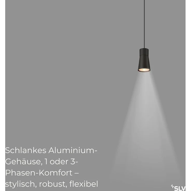 SLV PURI 2.0 Cone, 3~ Pendelleuchte, GU10, Pendellänge 200cm, 1x max. 6W, schwarz - Leuchten mit 3 Phasen Adapter 230V – Bild 2