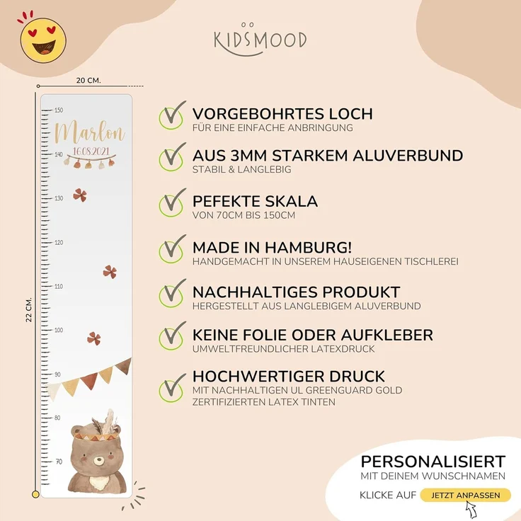 KIDSMOOD - Messlatte für Kinderzimmer Personalisiert, 70-140 cm - Messlatte Kinder Holz personalisiert Mit Namen für Baby- & Kleinkinderzimmer - Individuelles Geschenk für Kinder und Babys zum Geburt – Bild 3