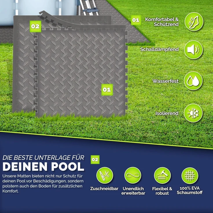 tillvex® Pool Bodenschutzmatte Anthrazit - 12 Stück | Unterlegmatte für Pool & Planschbecken | Poolmatte Bodenmatte Outdoor | Poolunterlage Bodenschutz Matten wärmeisolierend | Whirlpool Bodenfolie weich – Bild 7