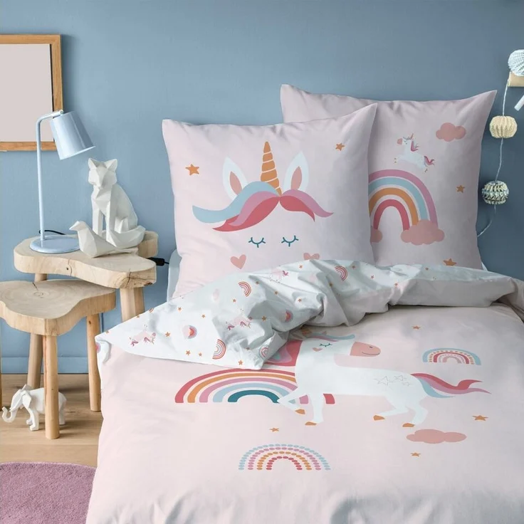 MTOnlinehandel Bettwäsche Einhorn 135x200 + 80x80 cm (Unicorn), 100% Baumwolle, 2 teilig, Mädchen-Bettwäsche Magic Tale, Regenbogen, Sterne und Wolken – Bild 1