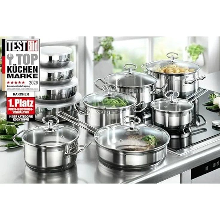 Karcher Topf-Set Kochtopfset Jasmin, Edelstahl (20-tlg), inkl. Glasdeckel und Edelstahl Schüssel Set, Induktion – Bild 2