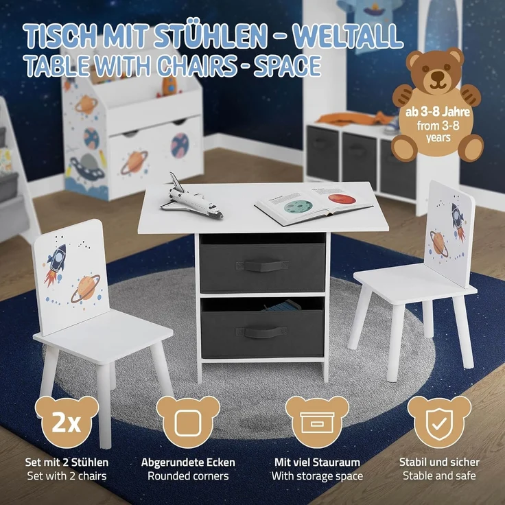 Joyz Spielzeugtruhe Kinderregal Kindermöbel Kinderzimmerregal Spielzeug Spielzimmer Möbel, Weltraum Kindersitzgruppe 3tlg. 1x Tisch & 2x Stühle Pressspan / Vlies – Bild 2