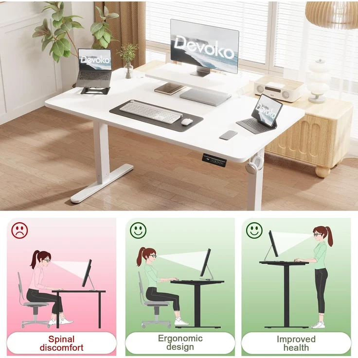 Devoko 160×70cm Elektrisch Höhenverstellbarer Schreibtisch mit Monitorständer, Computer-Schreibtisch, mit 2 Höhen-Speicherfunktionen, Weiß – Bild 5