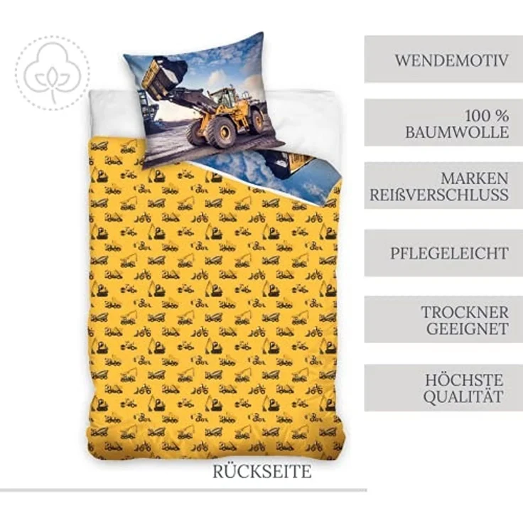 MTOnlinehandel Bettwäsche Bagger 135x200 + 80x80 cm, 100 % Baumwolle, Renforcé, 2 teilig, Kinderbettwäsche-Set mit Bagger, Betonmischer & Baustelle – Bild 3