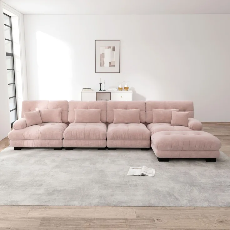 Ecksofa, Modulares L-förmiges Couch Set für Wohnzimmer 4-Sitzer komfortable Cloud Couches mit beweglichem Ottoman DIY-Kombination, Chenille, Rosa
