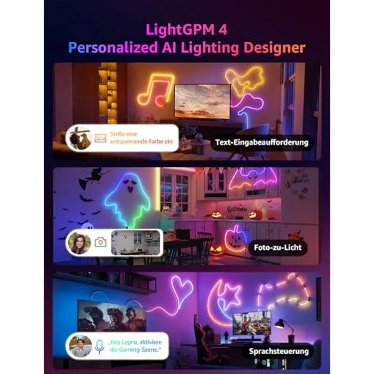Lepro Neon LED Strip 3m, Neon LED Streifen mit App Steuerung, Musik Sync & Sprachsteuerung, funktioniert mit Alexa & Google Assistant, Flexibles RGB Lichtband für Wohnzimmer, Gaming, Party&Wanddeko – Bild 3