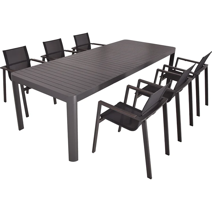 Garten-Sitzgruppe ENZO 7-tlg. - Kunststoff, Dunkelgrau | Gartenmöbel-Set Gartengarnitur Garten-Essgruppe mit Stapelstühlen und Esstisch ausziehbar – Bild 1