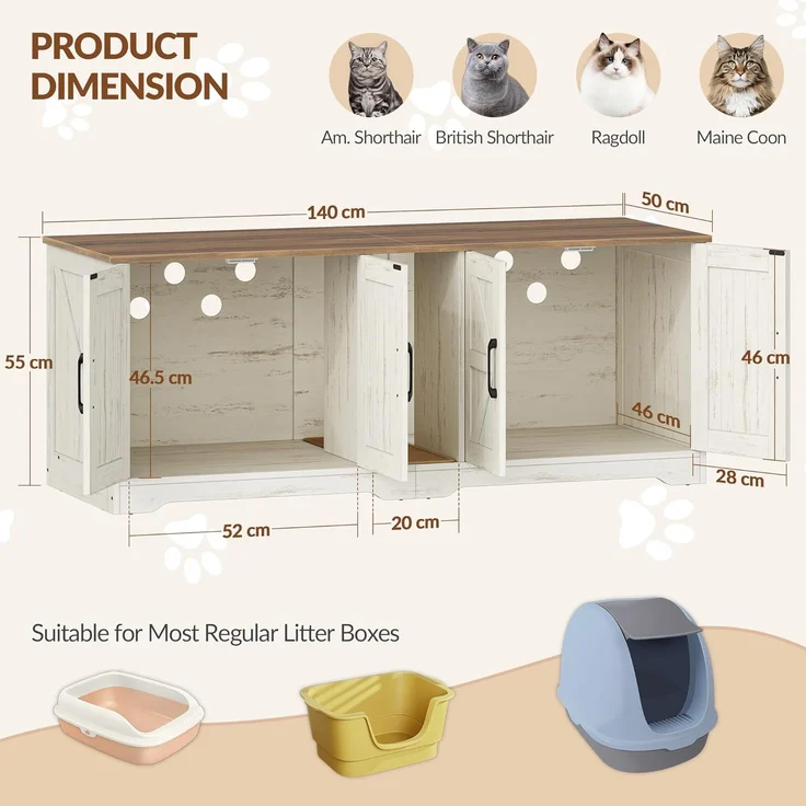 Katzenklo Schrank für 2 Katzen, Katzenklo Versteckt Schrank Möbel, Katzenhaus Holz Beistelltisch mit Kratzmatte, für Wohnzimmer und Schlafzimmer, 140 x 50 x 55 cm, Braun & Weiß – Bild 8