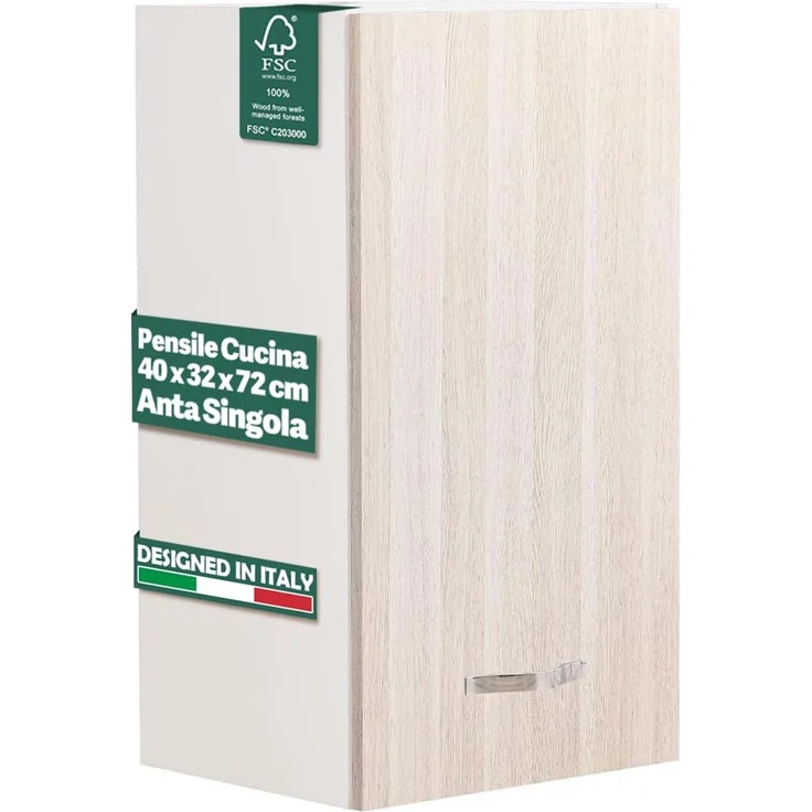 Shally Dogan Wand-Küchenschrank, Hängeschrank aus Holz mit einzelner Tür, 1 Einlegeboden und 2 Fächer, geräumiger und robuster Wandschrank, Maße 40 x 32 x 72 H cm (Ulme)