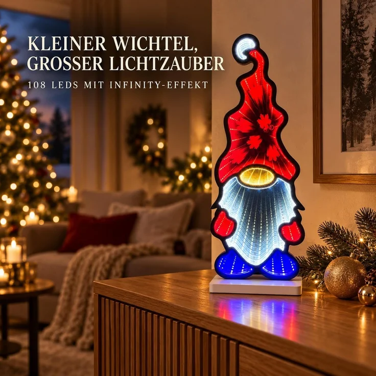 LED Infinity Spiegel Wichtel 45 cm mit Timer, Weihnachtsdeko für drinnen – Bild 5