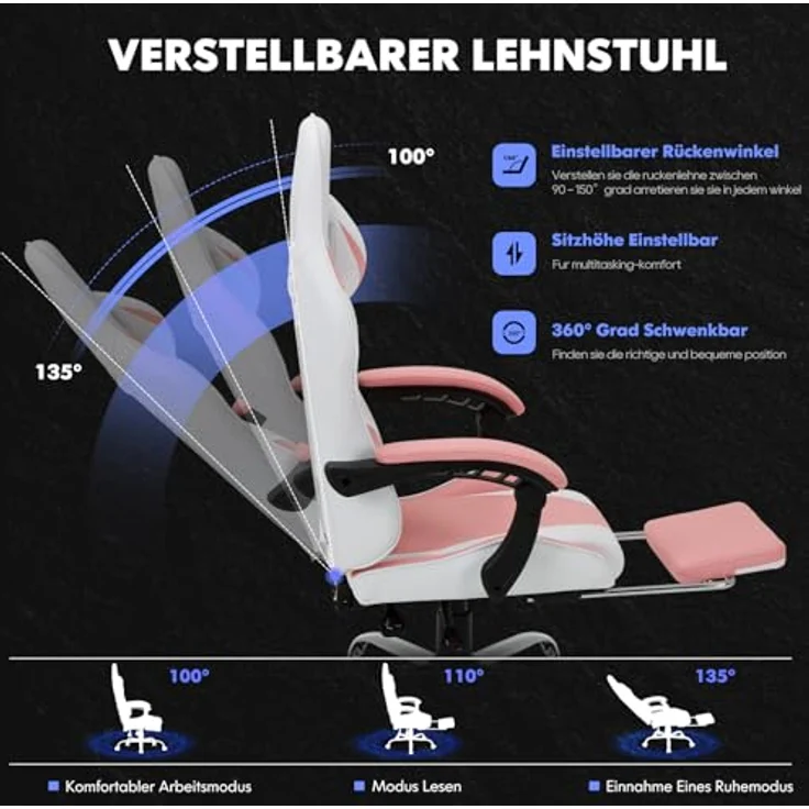 COLAMY Gaming Stuhl, Computer Stuhl mit Fußstütze und Lendenwirbelstütze, höhenverstellbarer Gaming Chair mit 360°-Drehsitz und Kopfstütze, Video Gamer PC Stuhl, Ergonomische hohe Rückenlehne, Rosa – Bild 9