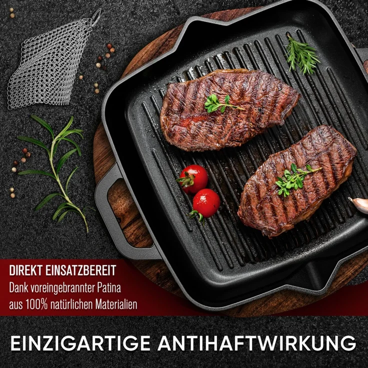 Grill-Feuerpfanne 30 cm aus Gusseisen mit 2 Henkeln – vorgebrannt, hitzebeständig bis 300 °C, für Induktion & Grill inkl. Ringreiniger – Bild 3