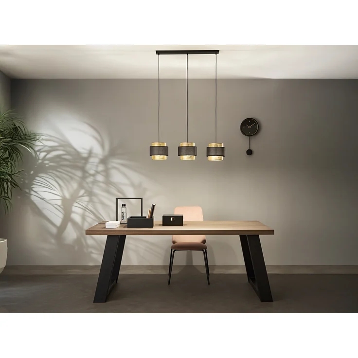 LED Hängelampe 3-flammig, Metall Gold mit Stoffblende Schwarz, Breite 85cm – Bild 3