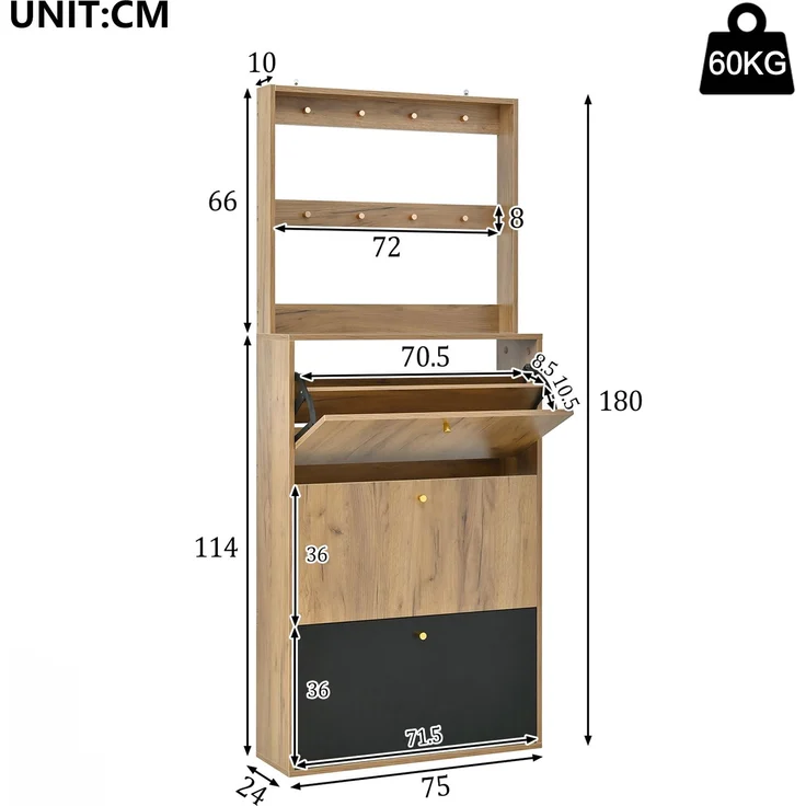 Moderner Schuhschrank mit Haken, 3 klappbaren Aufbewahrungsfächern, geeignet für den Flur, Naturholzoptik + Schwarz, Maße: B75/H180/T24 cm--Schwarz + Natur--75x24x180cm--YOUDENOVA – Bild 3