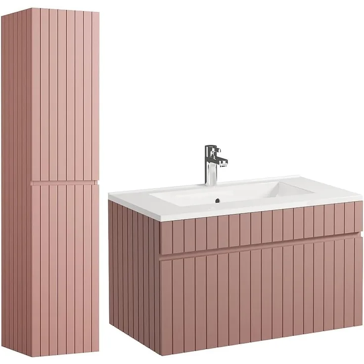 Vente-unique - Waschbeckenunterschrank hängend mit Ablagen & Einbauwaschbecken - Streifenoptik - Rosa - 80 cm - SATARA