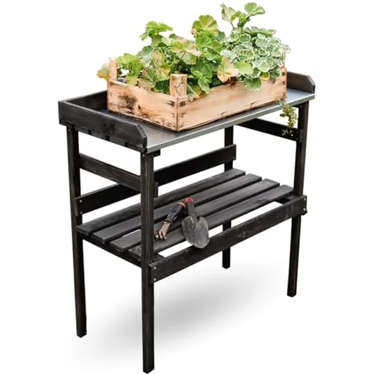 holz4home® Pflanztisch Gartentisch aus Holz für Gartenarbeiten & Pflanzen, Dunkler Look, Verzinkte Arbeitsplatte – Bild 1