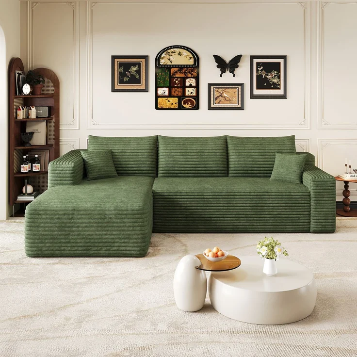Ecksofa, B 241 x T 151 x H 58 cm, mit grünem Cordbezug und weicher Schaumstoffpolsterung – Bild 3