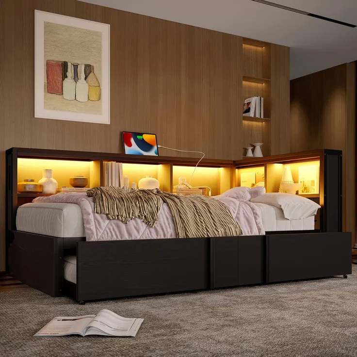 EINHOM Metall-Tagesbett, 90 x 200 cm, mit Ausziehbett, Stauschränken, LED-Beleuchtung und USB-Anschlüssen, Schwarz (Ohne Matratze) – Bild 1