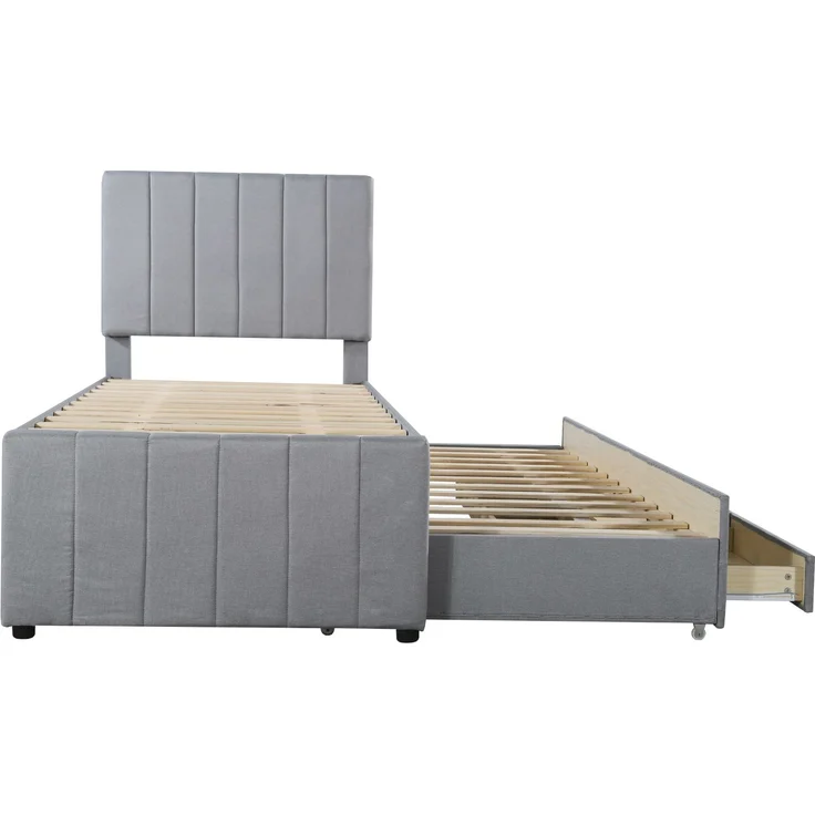 Polsterbett 90x200 cm mit Ausziehbett und 3 Schubladen – Leinenbezug, höhenverstellbares Kopfteil, grau – Bild 9
