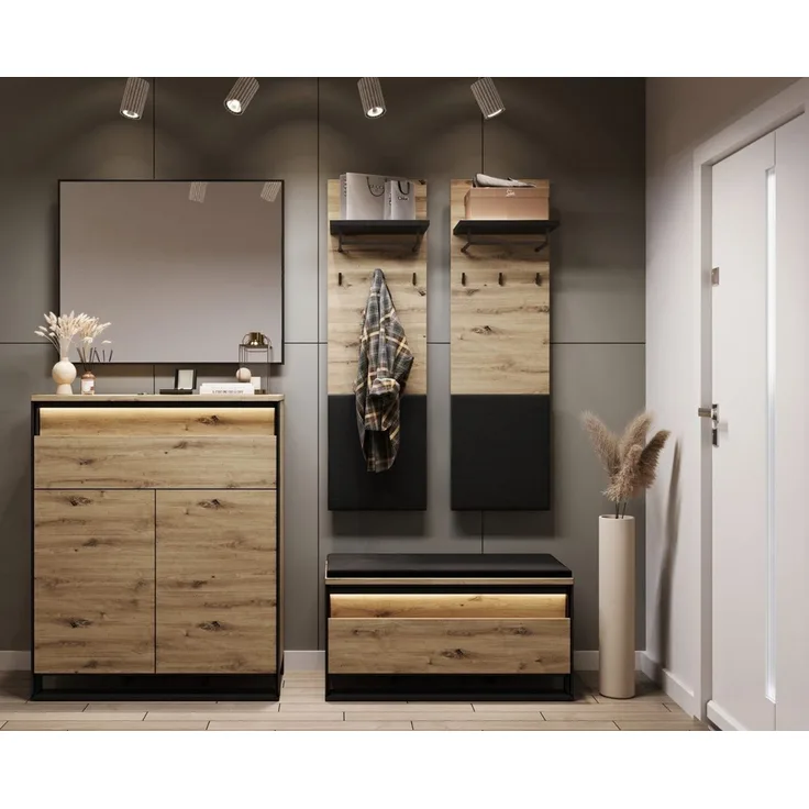 Compleo Garderoben-Set LIMA (Kommode, Schuhschrank, Spiegel, 2x Kleiderbügel), Loft Garderoben-Set