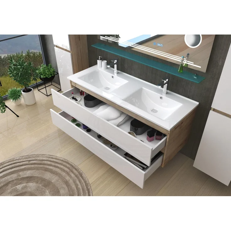 Homeline Badmöbel Set Eiche/Weiß Leonard Hochglanz 120 cm Spiegel incl LED (120, 8, 4X Seitenschränke) – Bild 2