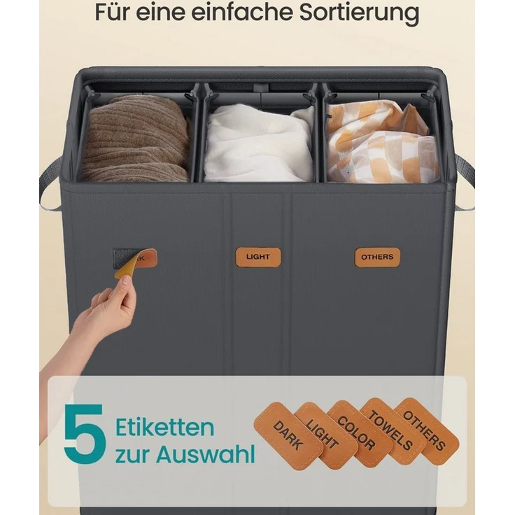 SONGMICS Wäschekorb mit 3 Fächern, 160 L, mit Deckel, 5 Etiketten, herausnehmbarer und waschbarer Innensack, Waschküche Schlafzimmer, dunkelgrau – Bild 3