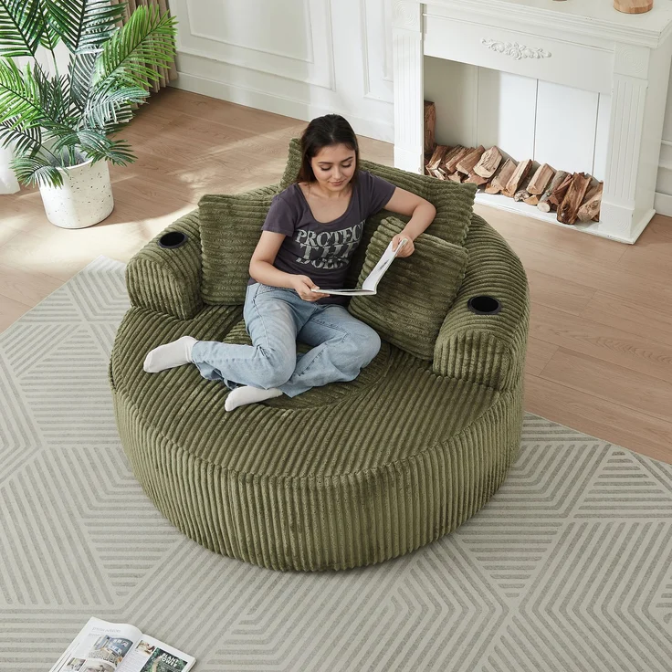Rundes Loungesofa aus Cord, Einzelsitz Sitzsack Liegestuhl mit 3 Kissen, 2 Getränkehaltern, Seitenaufbewahrung, Rutschfest, Bequemes Relaxsofa für Wohnzimmer Schlafzimmer--Grün--146x29x32cm--YOUDENOVA – Bild 6