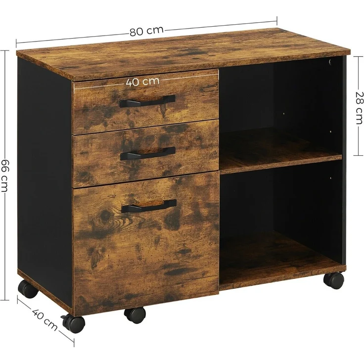 Vasagle Aktenschrank, Rollcontainer, frei beweglich, mit Rollen und 3 Schubladen, Industriestil, vintagebraun-schwarz, 80 x 40 x 66 cm (L x B x H) – Bild 5