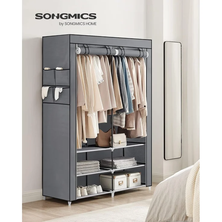 Songmics Stoffschrank, Kleiderschrank, 45 x 127 x 176 cm, 2 Hängefächer, mit Ablagen, 4 Seitentaschen, viel Platz, für Schlafzimmer, Wohnzimmer, grau RYG008G02 – Bild 2