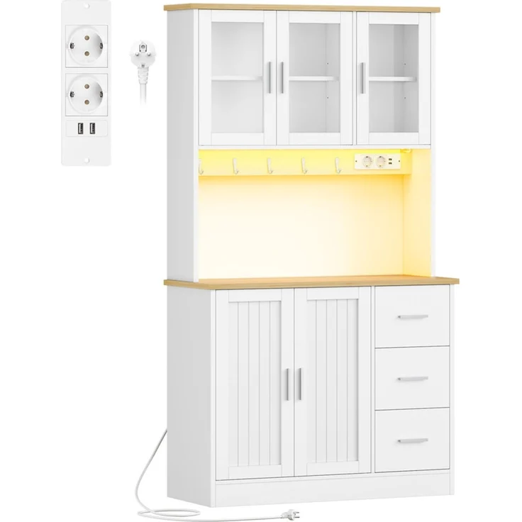 Hzuaneri Küchenschrank, mit 6-Stufigem Regal, 5 Schranktüren und 3 Schubladen, LED & Steckdosenleiste, Eiche-Weiß, 40 x 100 x 180 cm – Bild 2