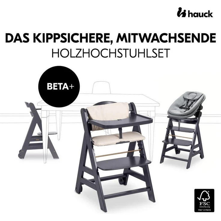 Hauck Hochstuhl Beta Plus Dark Grey Newborn Set 3in1 Bouncer (Set), Holz Babystuhl ab Geburt mit Neugeborenensufsatz, Sitzkissen, Essbrett – Bild 2