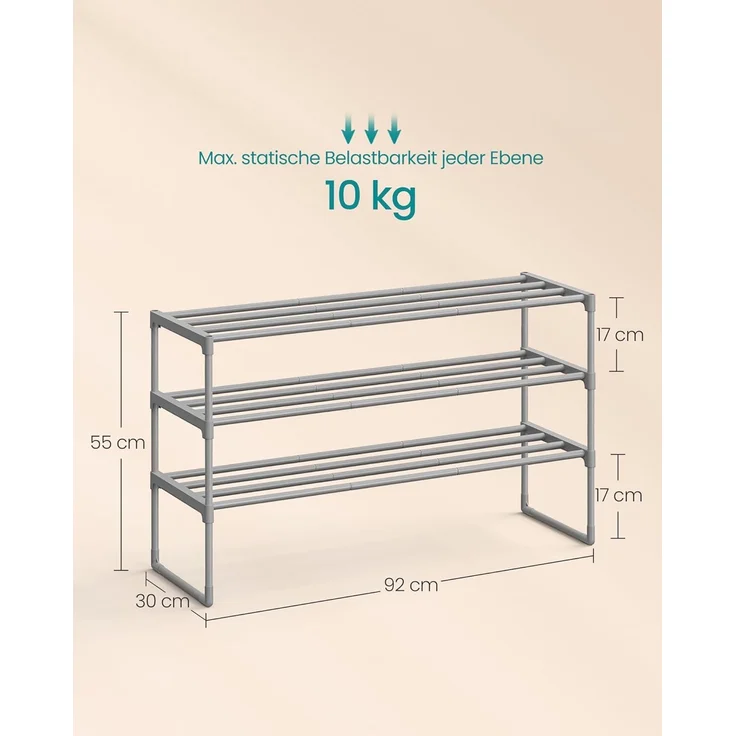 Songmics Schuhregal mit 3 Ebenen, Schuhständer aus Metall, Schuhaufbewahrung, Schuh-Organizer für 12-15 Paar Schuhe, stapelbar, für Flur, Wohnzimmer, Schlafzimmer, 30 x 92 x 55 cm, grau LSA303G01 – Bild 5