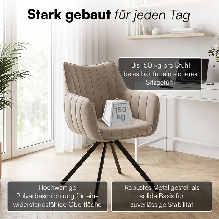 skølm 'Gymir' Esszimmerstühle, 4er Set, macchiato, gepolsterter Leinenbezug mit Kanalsteppung, drehbar & höhenverstellbar, Polsterstühle mit Armlehnen, bis 150 kg belastbar – Bild 4
