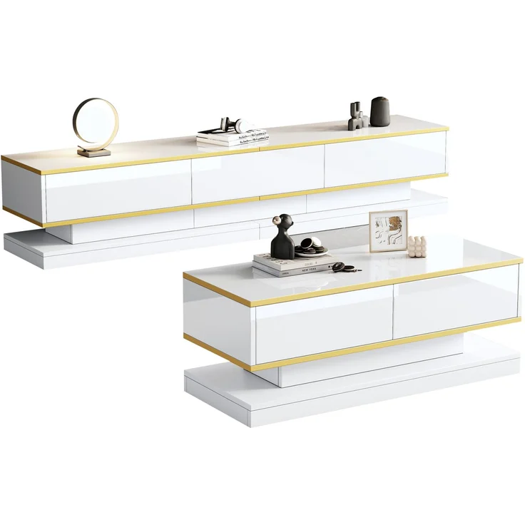 DESVIAE TV-Schrank- und Couchtisch-Set mit Schubladen 200x40x40 cm und 100x50x38 cm Spanplatte Warmweiß mit Goldrand – Bild 8