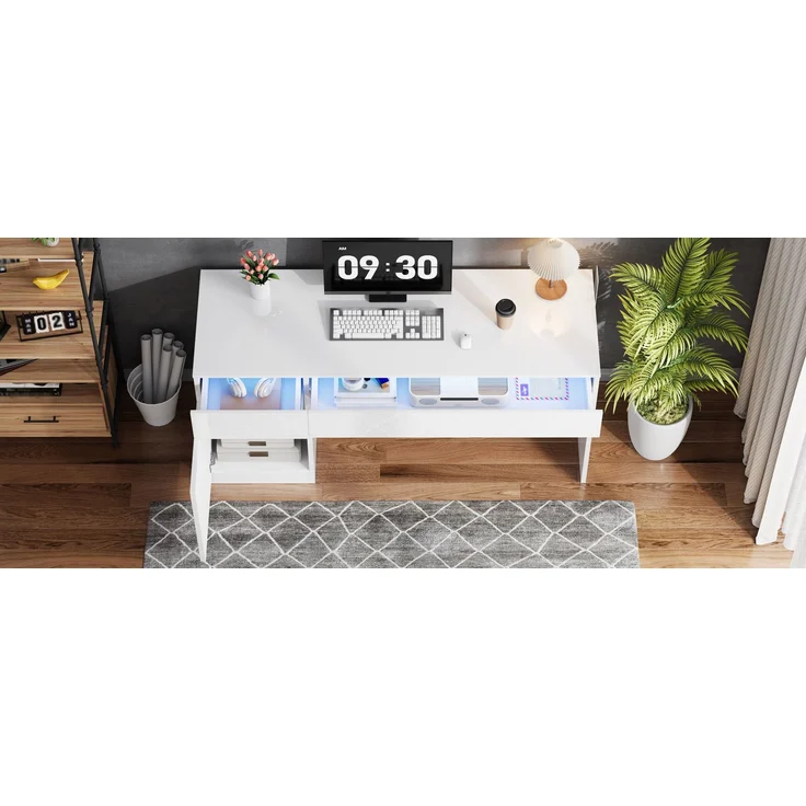 ZUBALIYA Hochglanz Schreibtisch 120 x 50 cm mit LED-Beleuchtung, 2 Schubladen & 1 Tür, großer Computertisch und Schminktisch, Moderner Arbeitsplatz für Homeoffice und Schlafzimmer – Bild 19