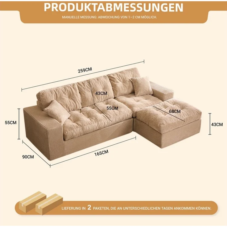 LITBIRD Ecksofa 3-Sitzer Sofa mit Marshmallow-Softpolster & Modulares Recamiere Sofa, 1 Teile, Cordstoff Schlafsofa & Relaxsofa, Wohnzimmer Sofa – Bild 2