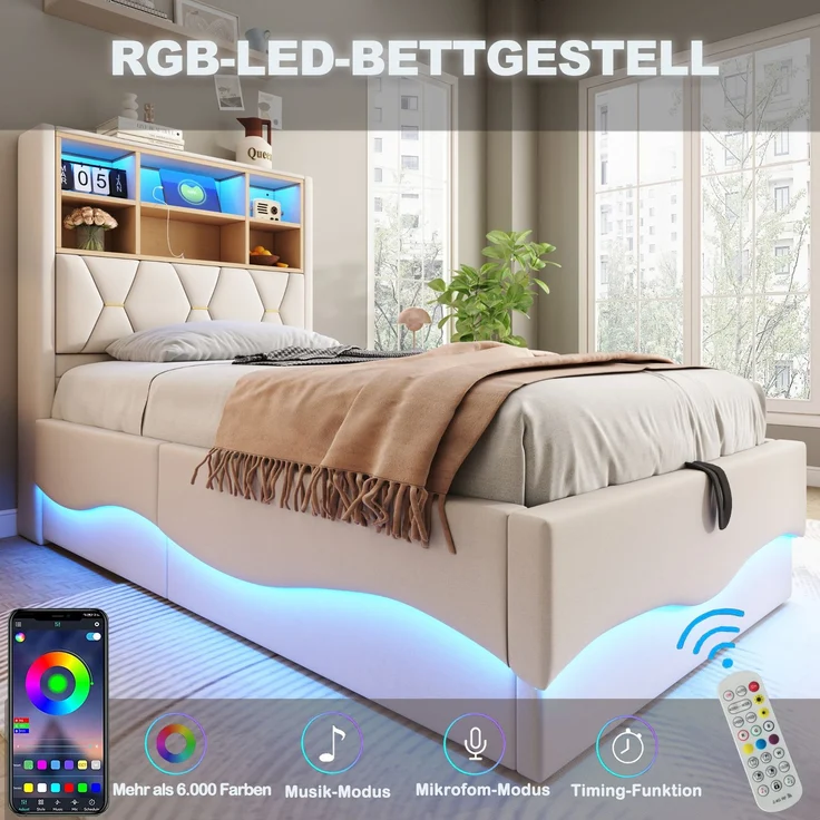 Merax Polsterbett, 90×200 cm Kinderbett, mit hydraulischem Stauraum, LED-Lichtband, USB-Ladeanschluss, Leinenpolsterung, Beige – Bild 2