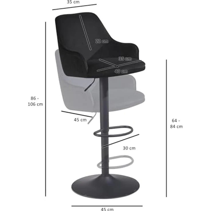 MID.YOU Barhocker, Schwarz, Textil, 360° drehbare Sitzfläche, 45x106x45 cm, Esszimmer Barmöbel – Bild 3
